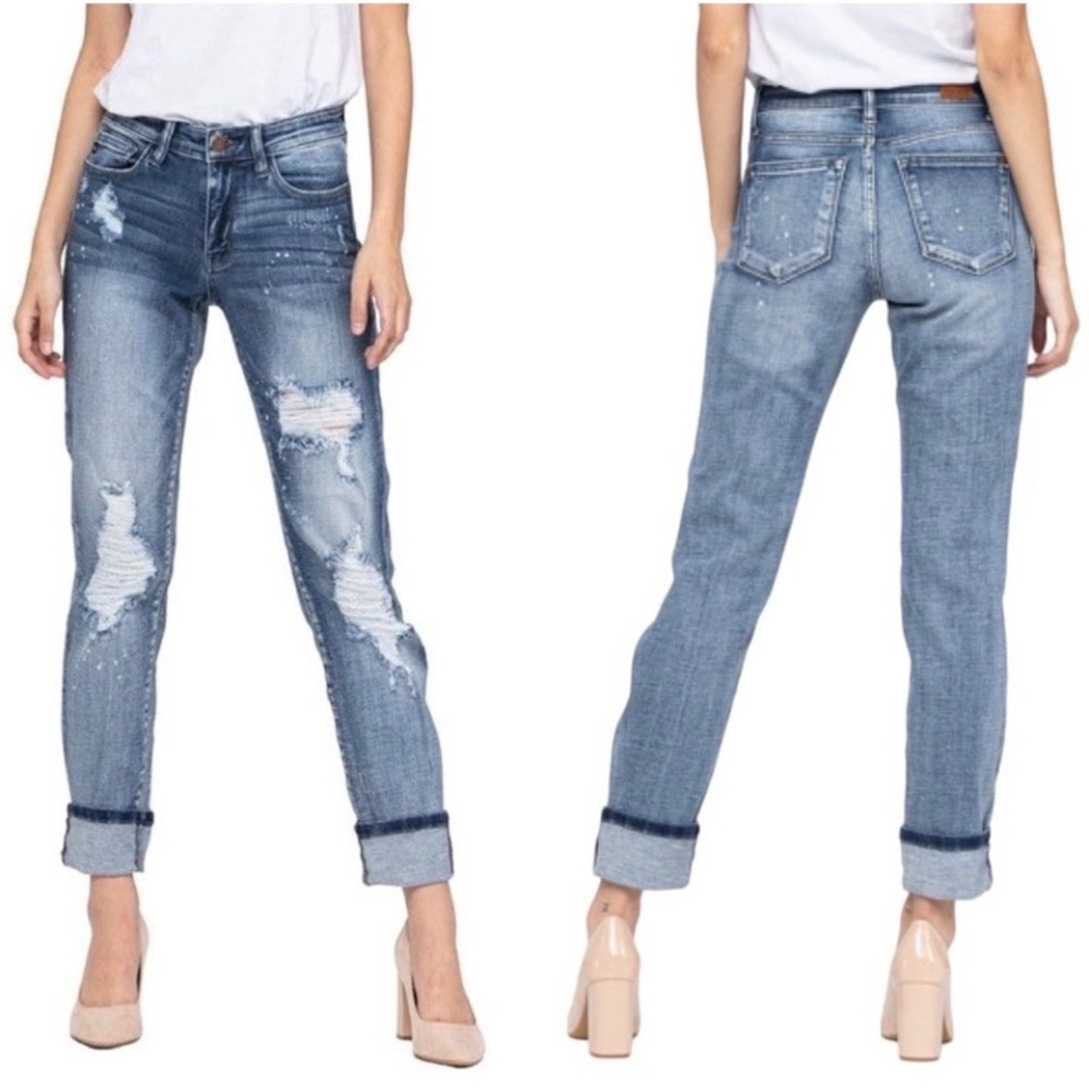 Judy Blue Jeans‎ Size 25 Destroyed Bleach Splatter Boyfriend Women's Blue Denim